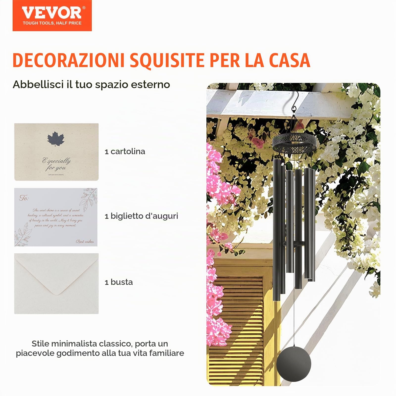 VEVOR Campanelli Eolici per Esterni 1473 mm Campanelli Eolici dai Toni Profondi con 6 Tubi, Decorazioni per Patio, Portico, Giardino e Cortile, Nero