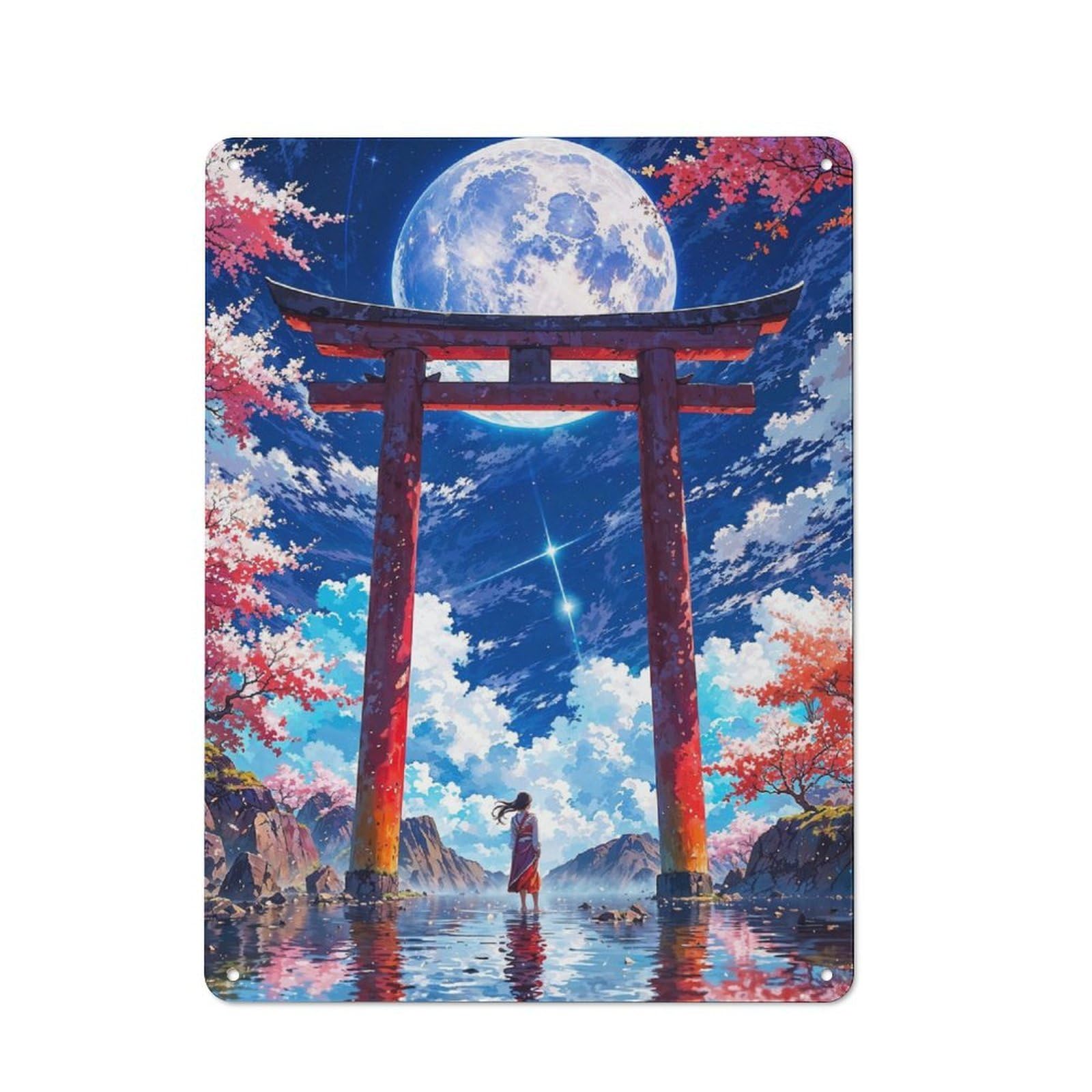 Junmoney Japanese Moonlit Torii Landscape Vintage Tin Sign 40X30cm With For Guest Room Or Hallway, For Themed Room Decoration, For Vintage Wall Decor Fans