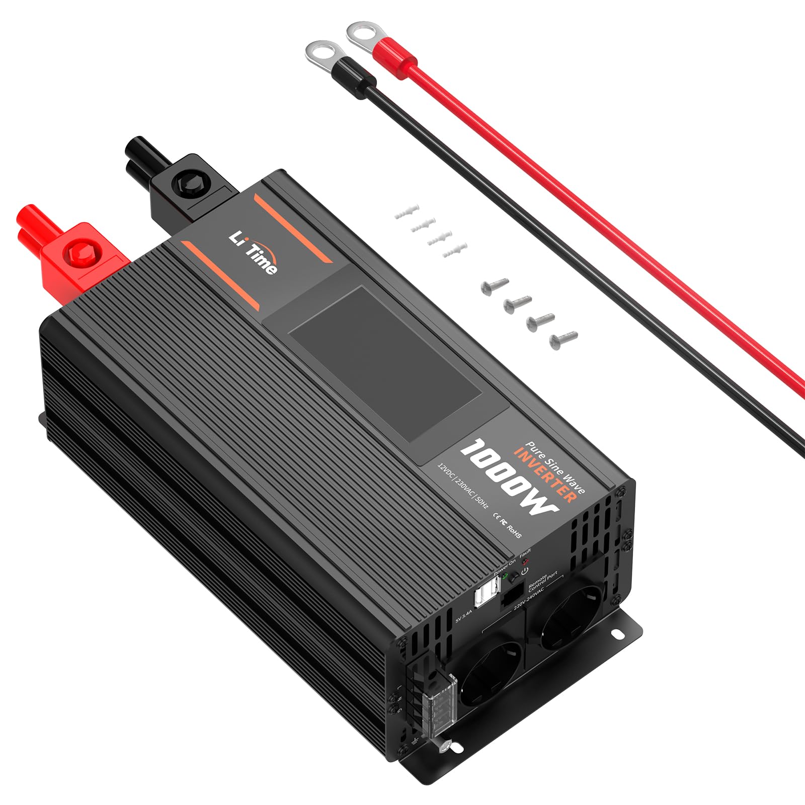 LiTime 1000 W Inverter Sinsus Pure 12 V DC a 230 V AC Convertitore per Camping-Car, Camping, Inverter Solare con 2 uscite AC, Display di Sorveglianza con Visualizzazione dello stato in tempo reale