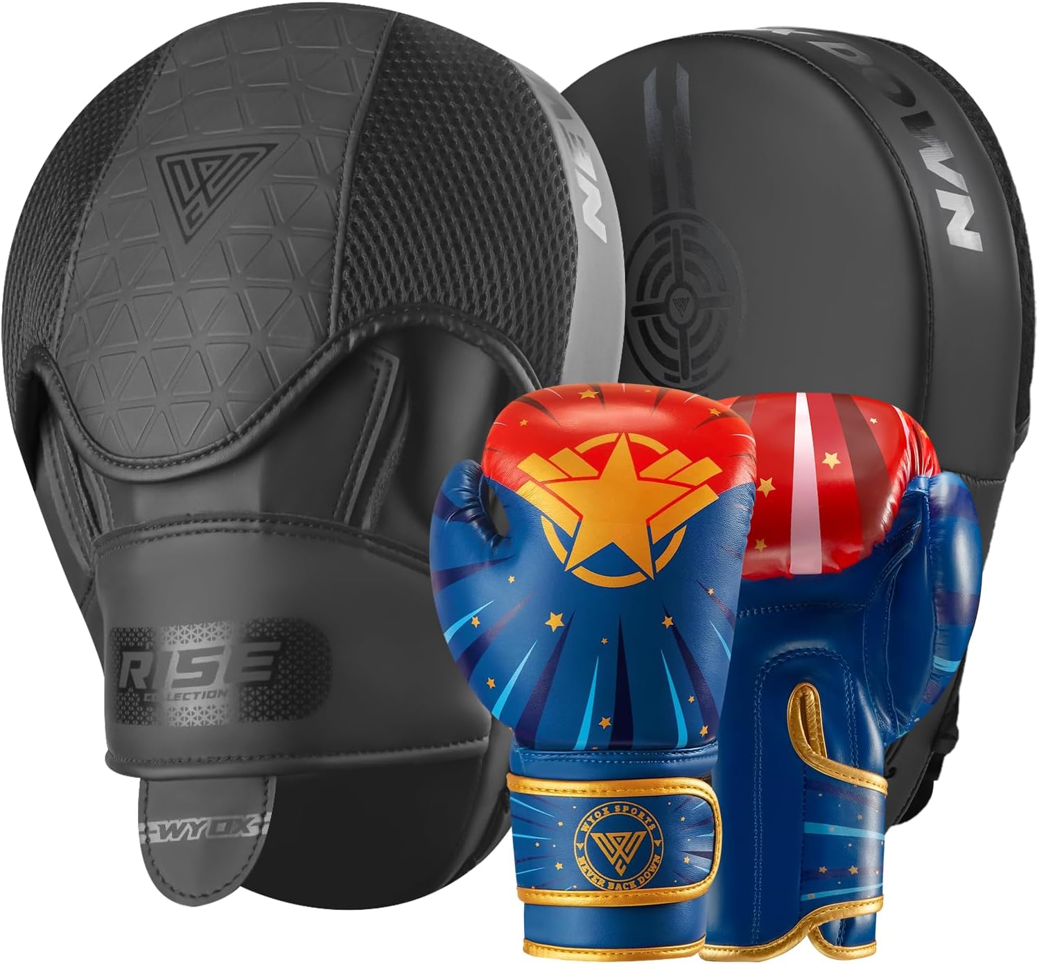 WYOX Kids Boxing Training Bundle – Curved Punch Mitts & Youth Gloves Set for Martial Arts, Kickboxing, Muay Thai, Karate, and MMA Practice