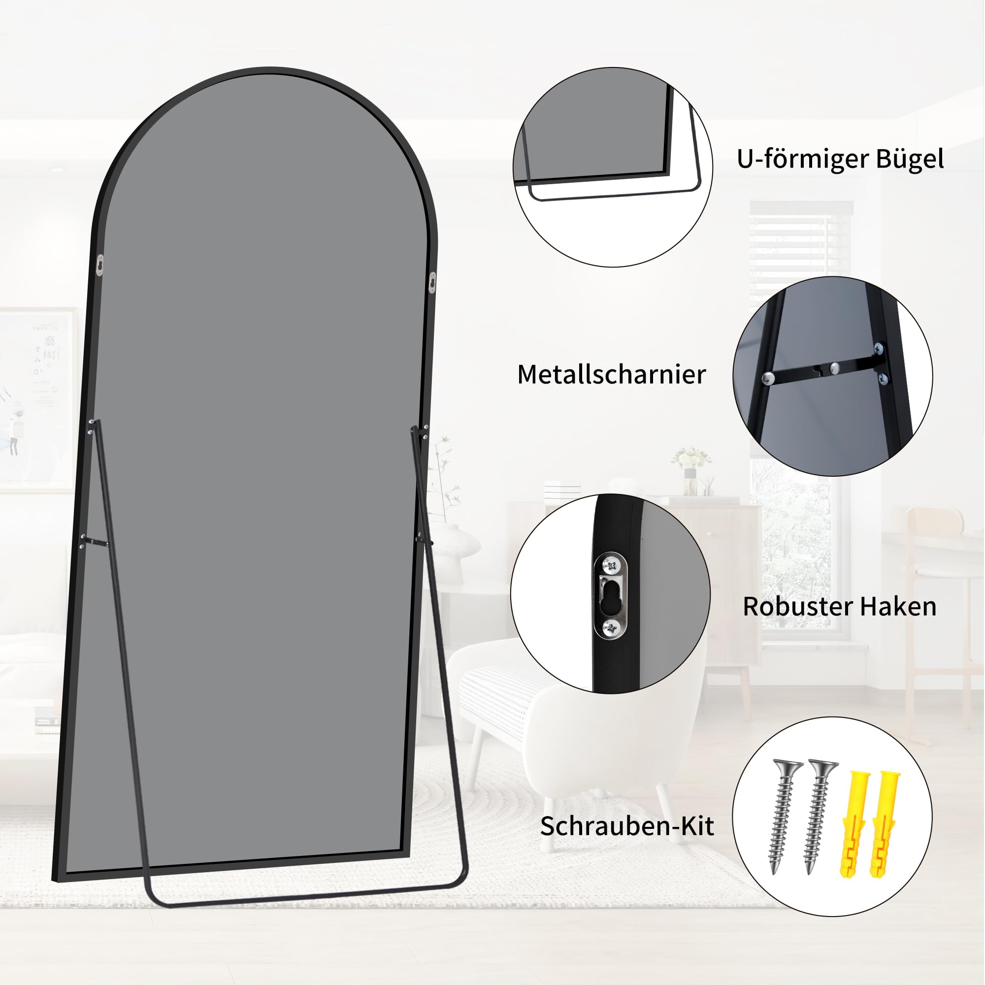 BONEWEI Ganzkörperspiegel 179x65cm, Bogen Standspiegel Ganzkörperspiegel mit Schwarzer Aluminiumrahmen, Groß Gewölbter Wandspiegel zum Stehen, Anlehnen oder Hängen für Wohnzimmer Schlafzimmer Flur