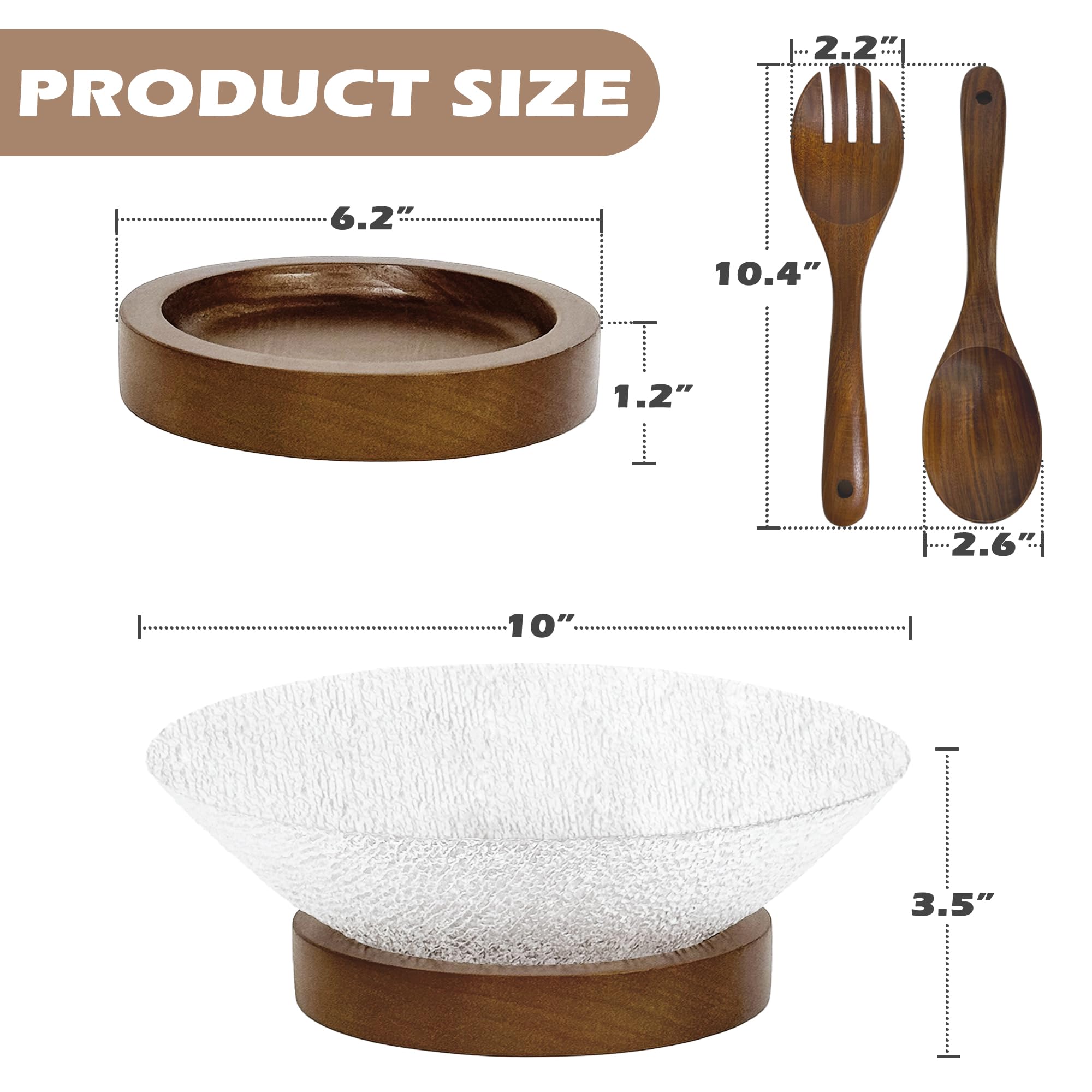 PROLEE Ensaladera, cuenco para servir ensalada extragrande, cuencos para servir con base de madera maciza, artículos esenciales de hosting (vidrio texturizado)