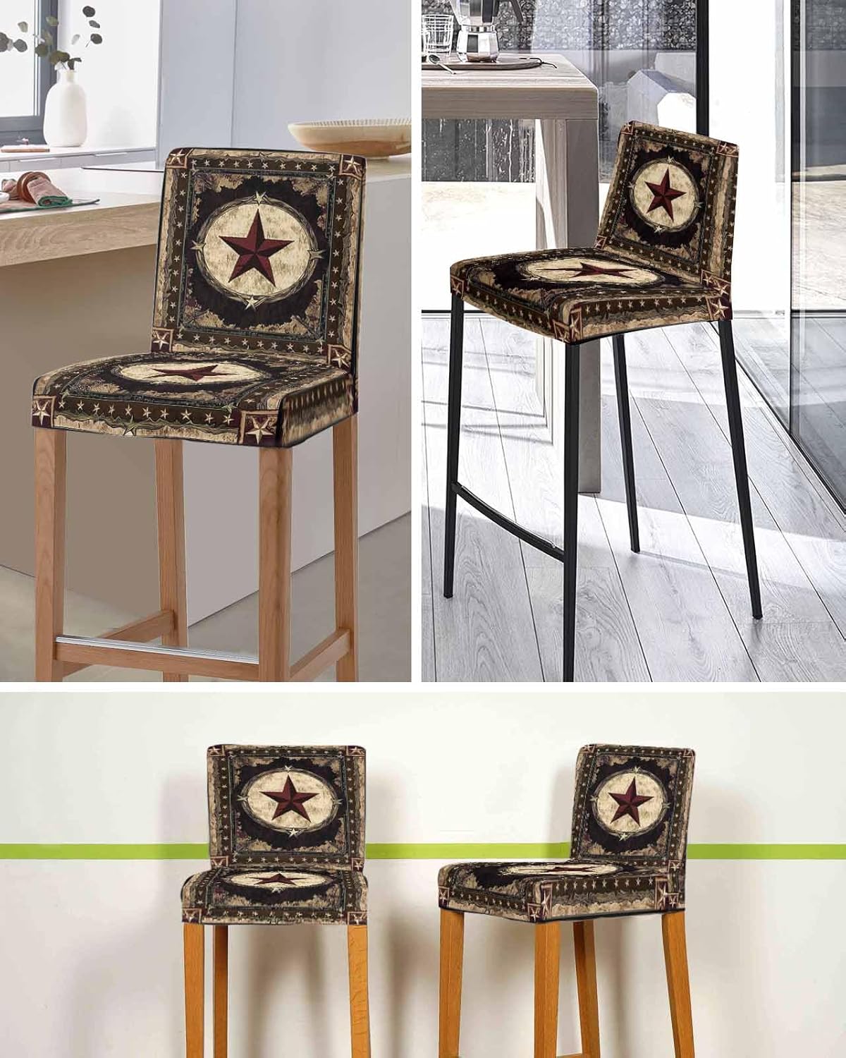 Western Stars Brown Bar Stool Chair Covers Set of 2 with Back,Stretch Barstool Slipcovers Washable,Farmhouse Country Vintage Wood Grain Pub Counter Height/Swivel/Cafe/Dining Room Chairs Seat Cover