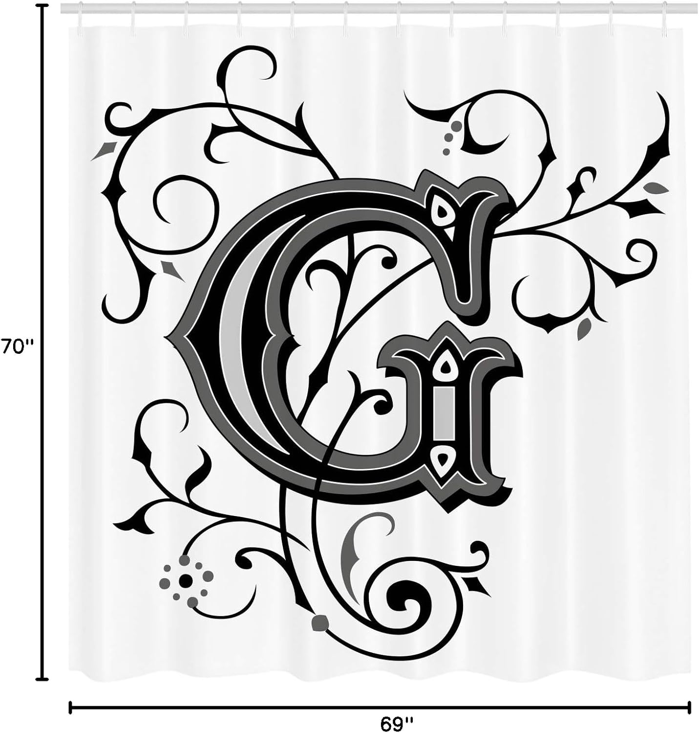 Ambesonne Letter G Shower Curtain, Middle Inspired Uppercase Letter Royal Title Classic Design, Cloth Fabric Bathroom Decor Set with Hooks, 69" W x 70" L, Black Grey White