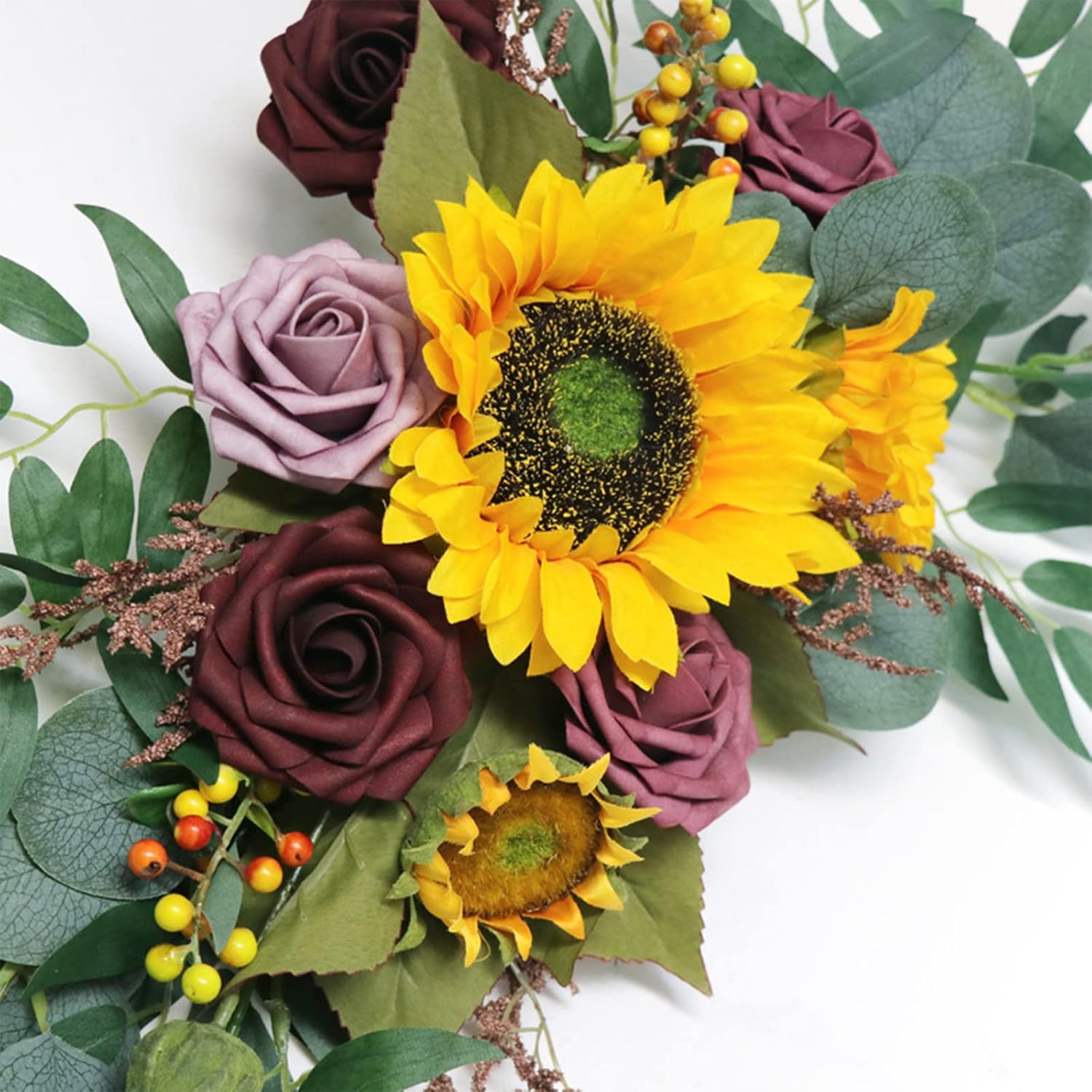Wedding Arch Flowers, Artificial Sunflower Swag with Eucalyptus, Rustic Rose Sunflower Swag Floral Arrangement for Wedding Ceremony Sign Backdrop Decoration, 65x35cm