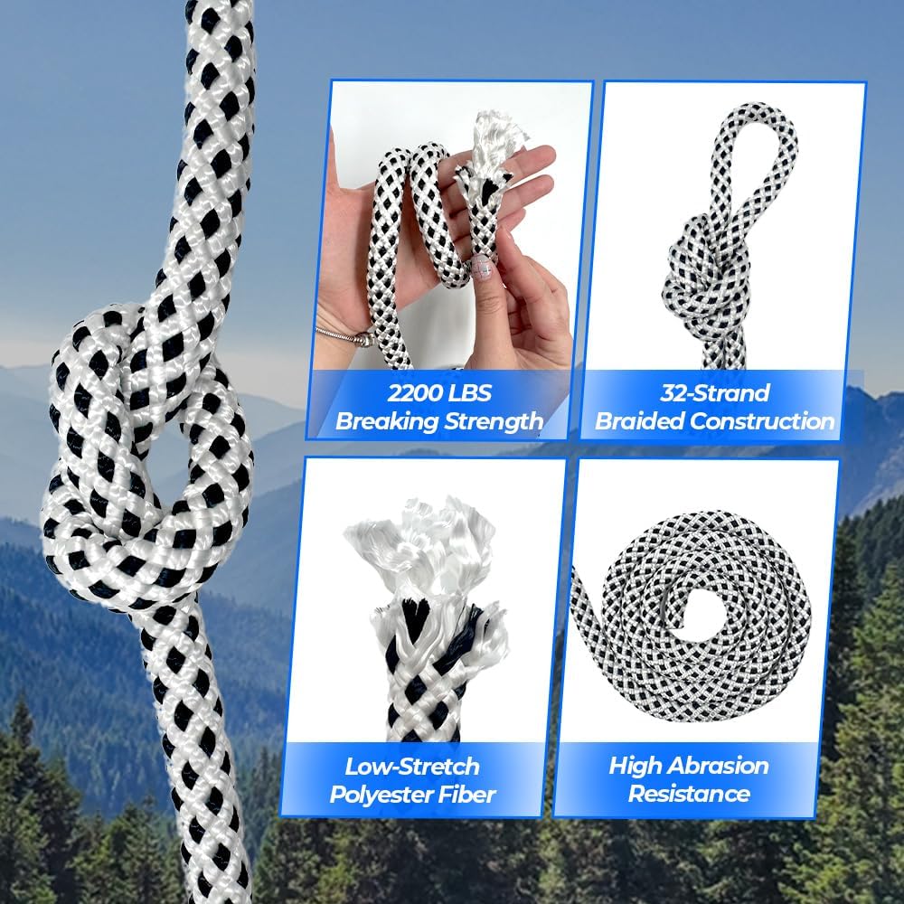 Heavy Duty Polyester Double Braided Rope, Arborist Rigging, Tree Work, Halyard, Sailing, 2200lbs High Strength Support for Camping, Hiking & Utility Use (White/Black - Without Loop, 1/2in X 55FT)
