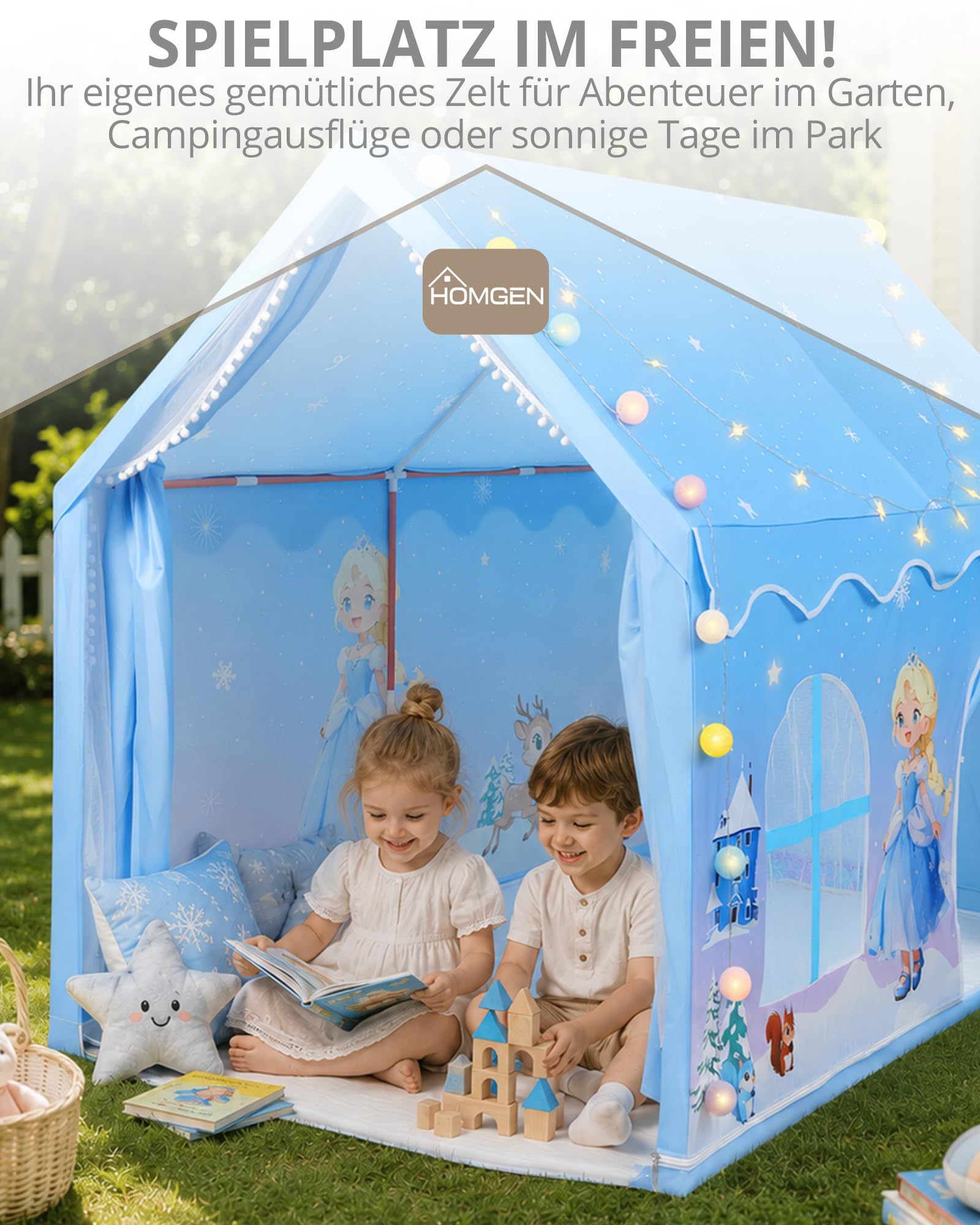 HOMGEN Kinderzelt mit Matte und Lichtern, Spielhaus Indoor für Kinder, Prinzessin Spielzelt für Kinderzimmer Deko & Lesezelt, für 3–12 Jahre,Mädchen und Jungen, 160×105×128cm, blau