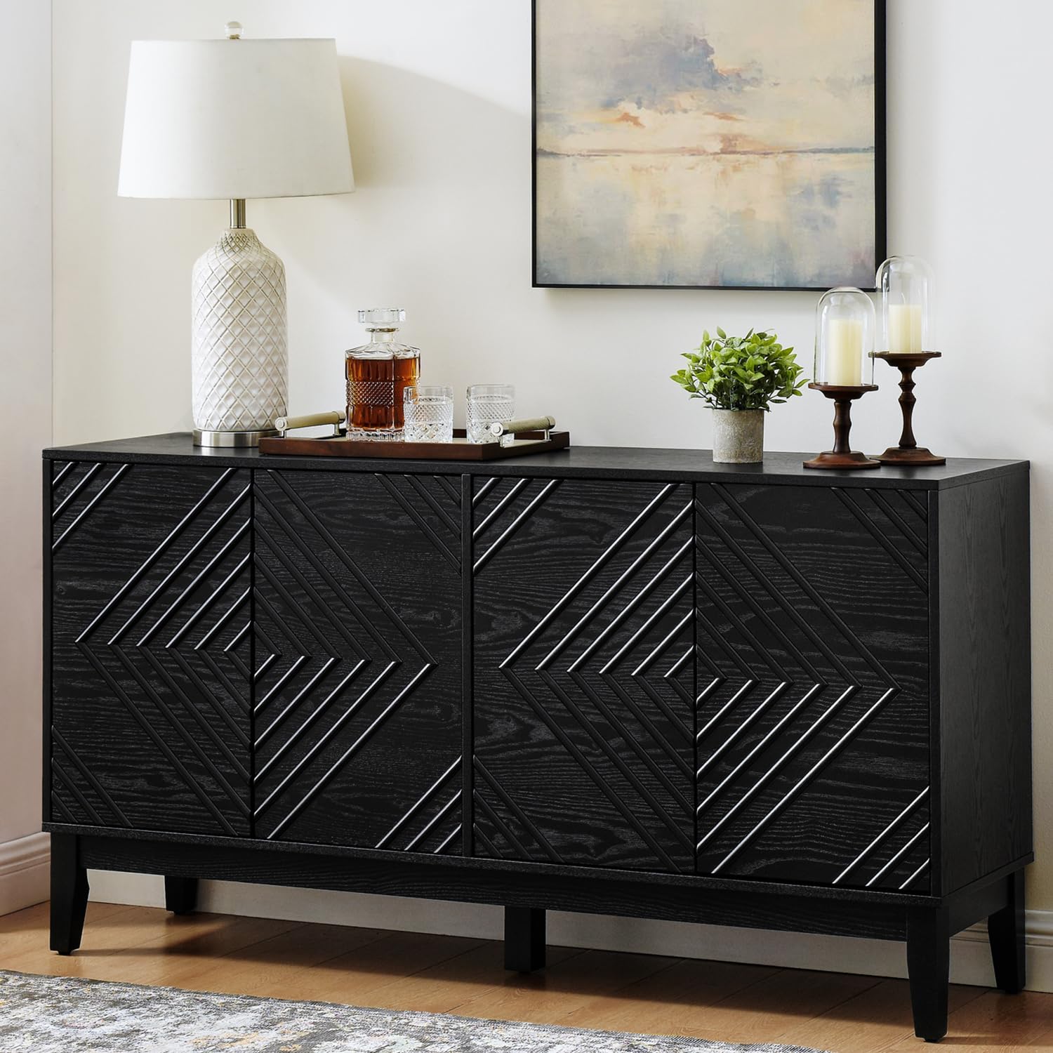 Sideboard Buffet Credenzas for Living Room, 60.5" Antique Black Entryway Table with Storage Accent Cabinet, Geometric Pattern Doors Doors & Wire Holes 4 Rebound-Door Adjustable Shelves