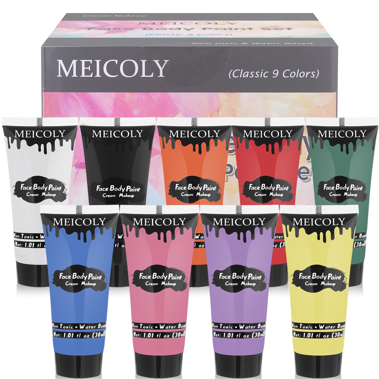 MEICOLY 9 Colors Face Body Paint Set,1.01x9oz/Box,Kids Adults Water Based Washable Face Paint Kit,Safe Cream Body Paint for Skin,Face Painting Kit for Halloween SFX Cosplay Makeup Stage Performance