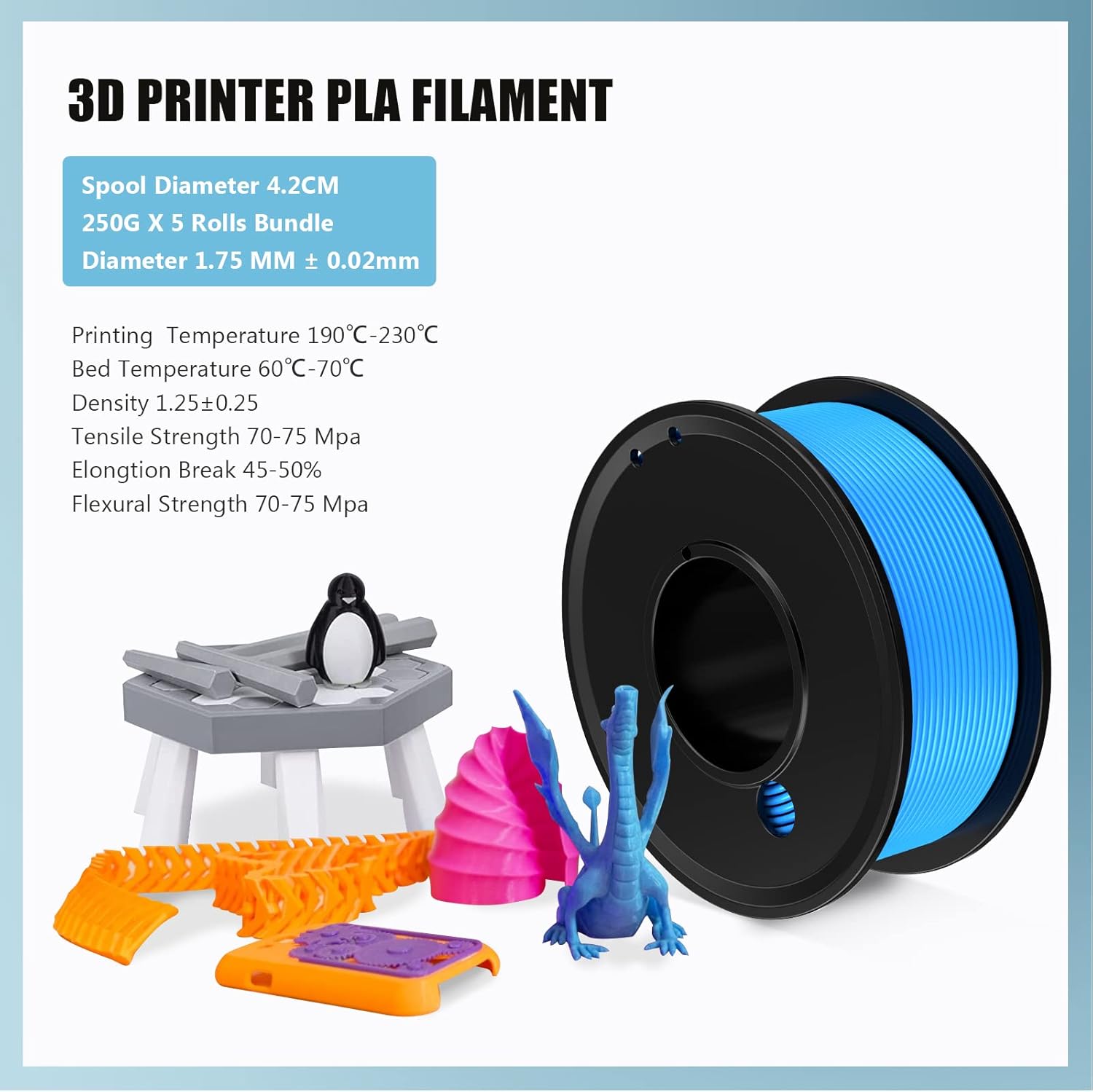 3D Printer Filament PLA 1.75mm 3-D Printing Materials 5 Colors Bundle Print Filimate 1.75 mm Orange Green Blue Yellow Purple Filiment1.75 Accuracy ±0.02mm Fillament Spool Vacuum Pack 250G X 5