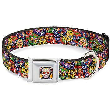 Buckle-Down Dog Collar Seatbelt Buckle Colorful Calaveras Stacked Multi Color 15 to 26 Inches - Large1.0 Inch Wide