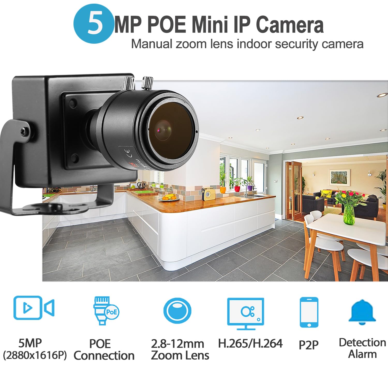 Mini Telecamera IP POE da 5MP (2880x1616P), Zoom Manuale 2,8-12 mm Obiettivo,Telecamera di Sorveglianza Interna P2P H.265 CCTV Video POE Camera Rilevamento del movimento (I712-P-HS)