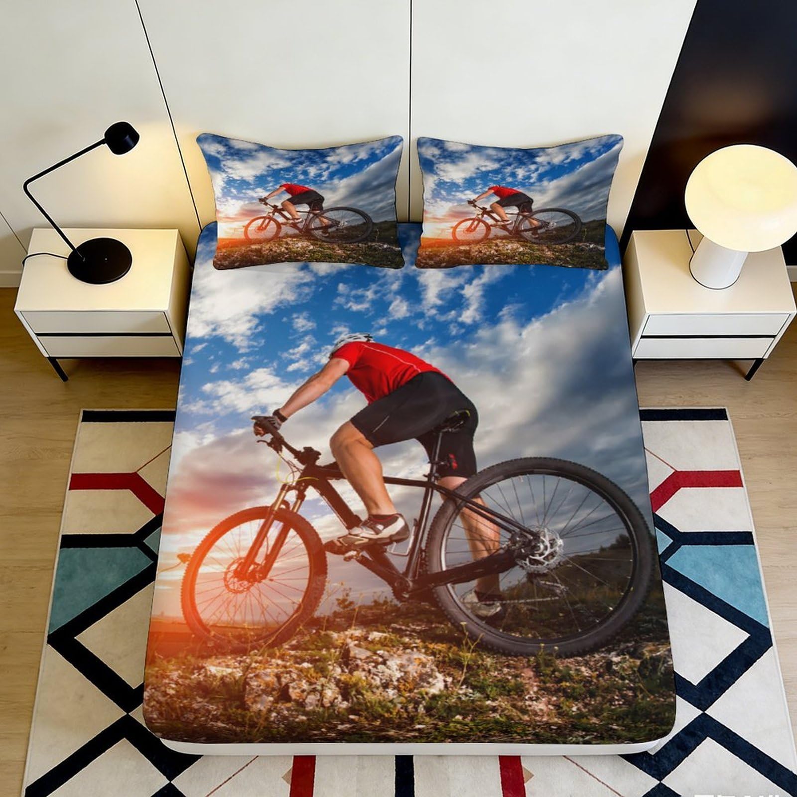 3D Printed Mountain Biking Fitted Sheet Microfiber Soft Breathable Sunset Landscape Mattress Cover for Bedroom Dorm Decor 90x200x25cm