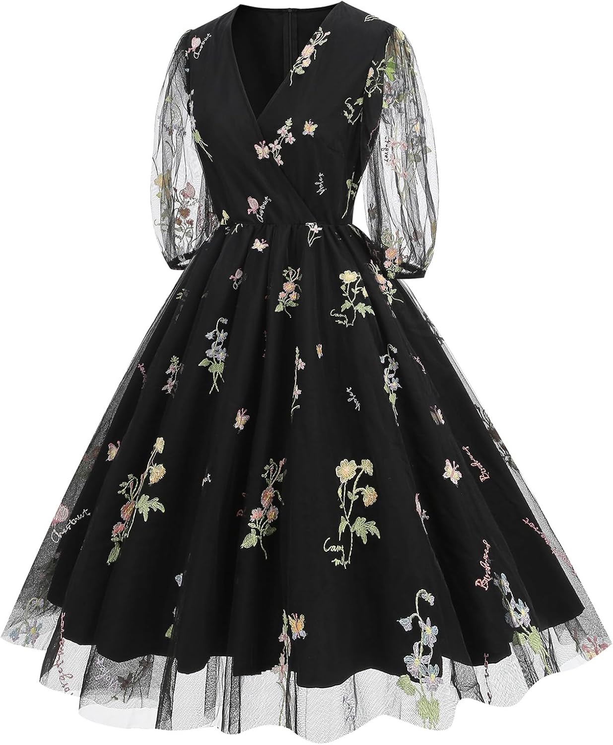 Women Half Sleeve Flower Embroidery Tulle Prom Dress Formal Party Gown Wrap V Neck Flare A Line Wedding Guest Cocktail Dress - Image 2