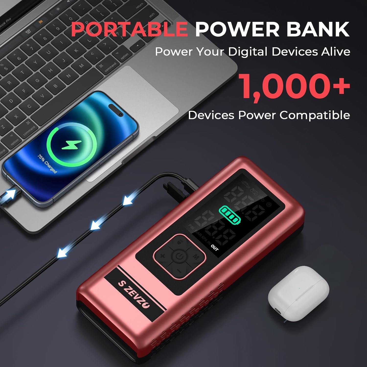 S ZEVZO 10 in 1 Car Jump Starter with Air Compressor, 4000A 150PSI Jump Box Battery Pack(6.0 Gas/4.0L Diesel), Portable 12V Jump Box with Auto-Shutoff Tire Inflator, USB Ports, LCD Display & LED Light - Image 4