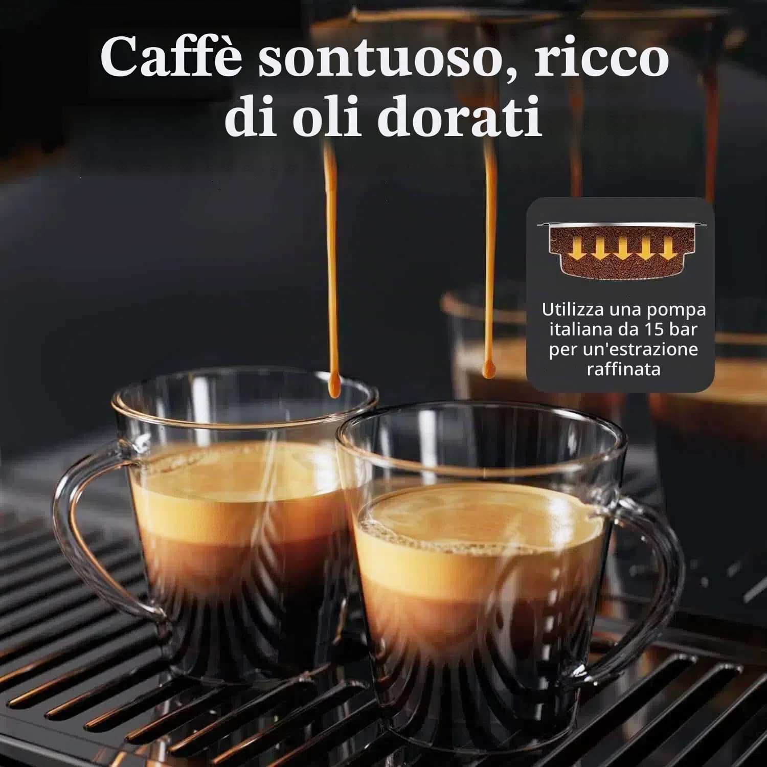 Macchina da caffè espresso con macinino – 15 bar, 1350 W, controllo della temperatura PID & sistema di riscaldamento istantaneo, acciaio inox e cromato, serbatoio dell'acqua da 2,3 l, ugello per