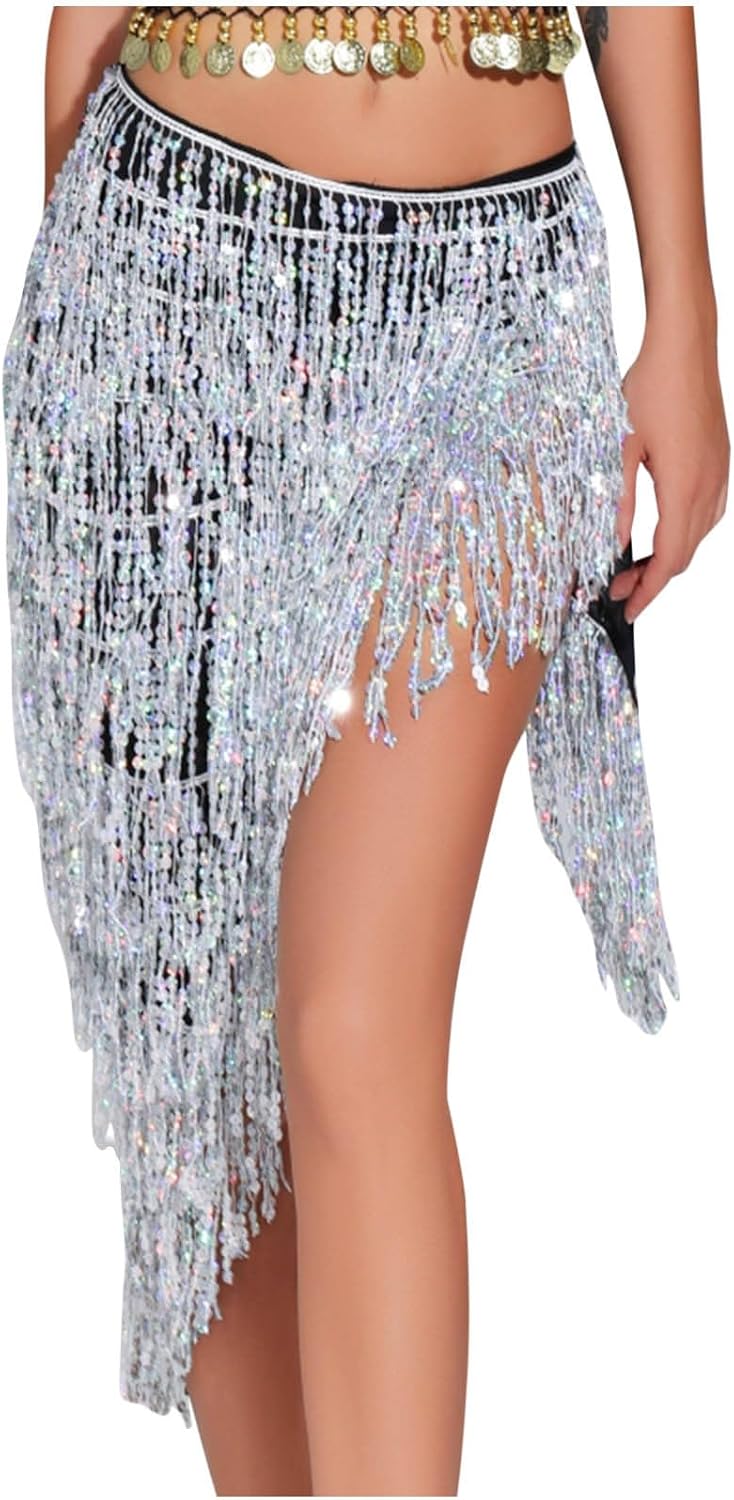 Women's Belly Dance Hip Scarf Skirt Fringe Sequin Wrap Latin Salsa Costume Waist Shawl for Women Performance