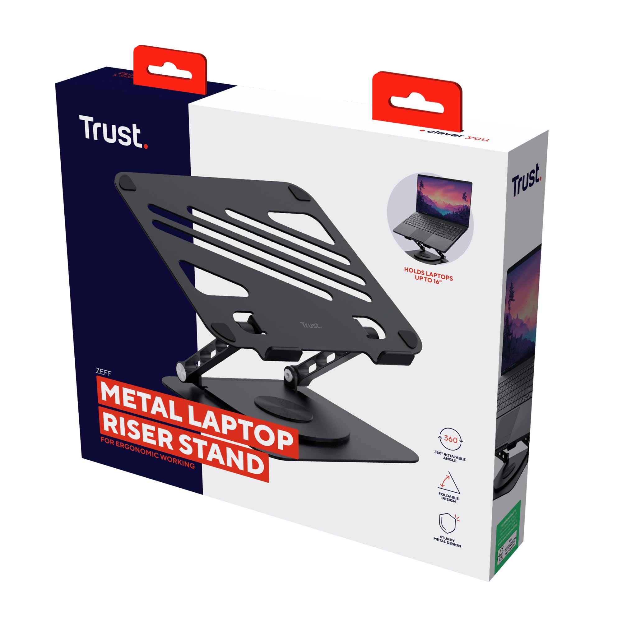 Trust Zeff Ergonomiczny stojak na laptopa z obrotem o 360 stopni, składany metalowy stojak na laptopa o przekątnej 40.6 cm, z regulacją wysokości, uchwyt na laptopa, Macbooka, tablet, Dell, HP, do