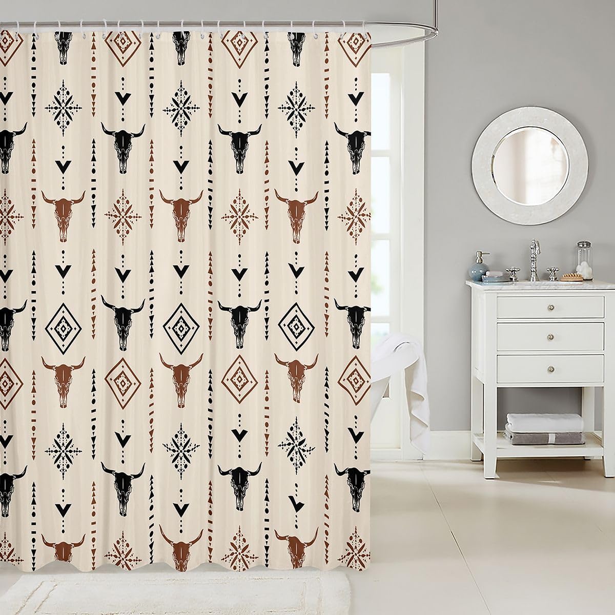 Erosebridal Bohemian Shower Curtain 72" Wx72 L Aztec Bathroom Accessories for Young Men Western Abstract Horns Mysterious Aesthetic Art Beige Minimalist Retro Symbol Bath Curtain image 2