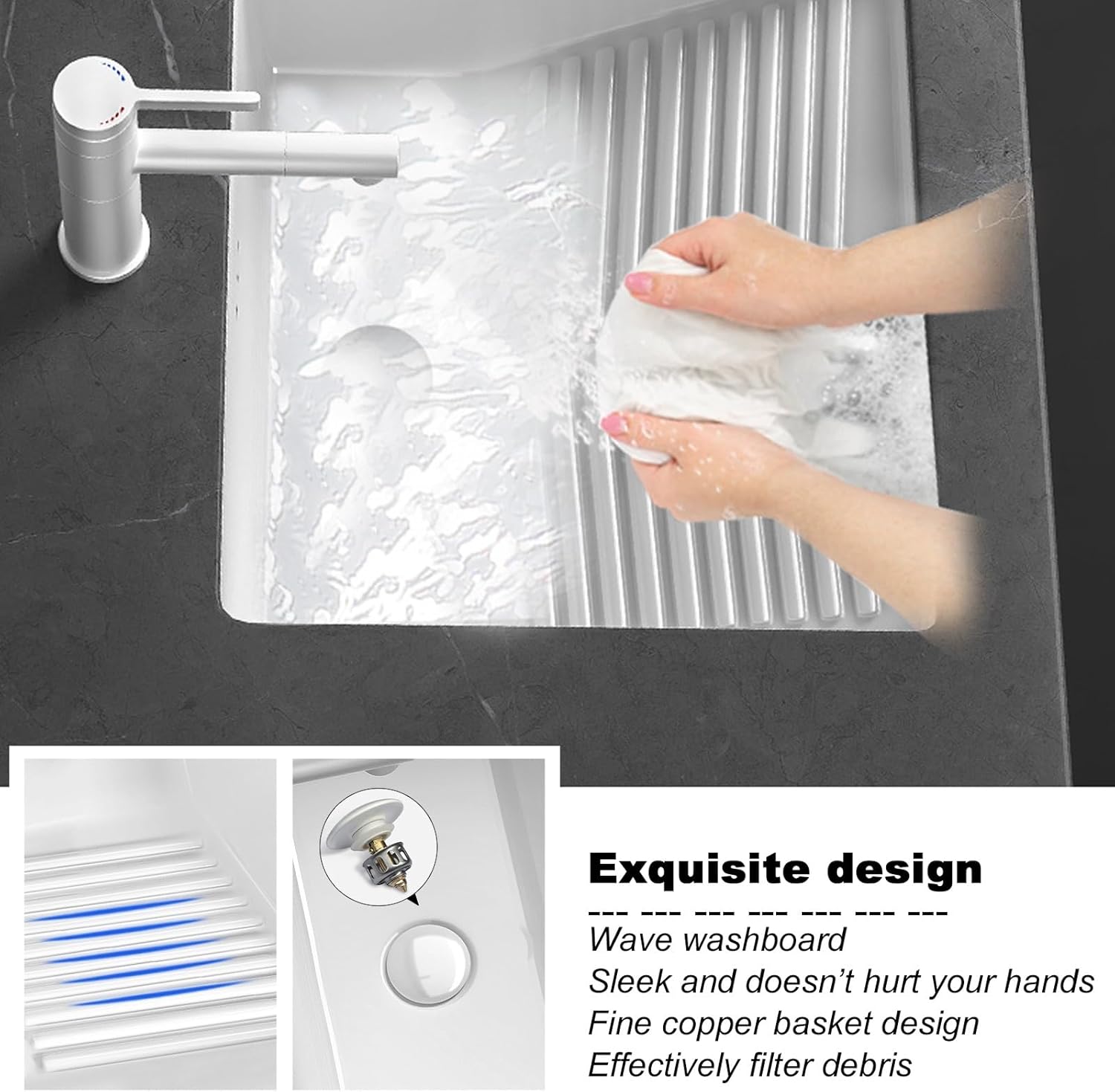 Bathroom undermount Ceramic Sink wiht Washboard,Square Vanity Bathroom Sink,Lavatory Vanity Under Counter Bathrrom Sink with Overflow,(55.5 * 46)