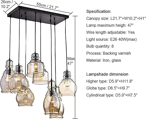 Miniatura 5 de FM-24 - Lámpara colgante de cristal de coñac con 8 luces, estilo vintage, acabado negro antiguo, para comedor, cafetería, bar