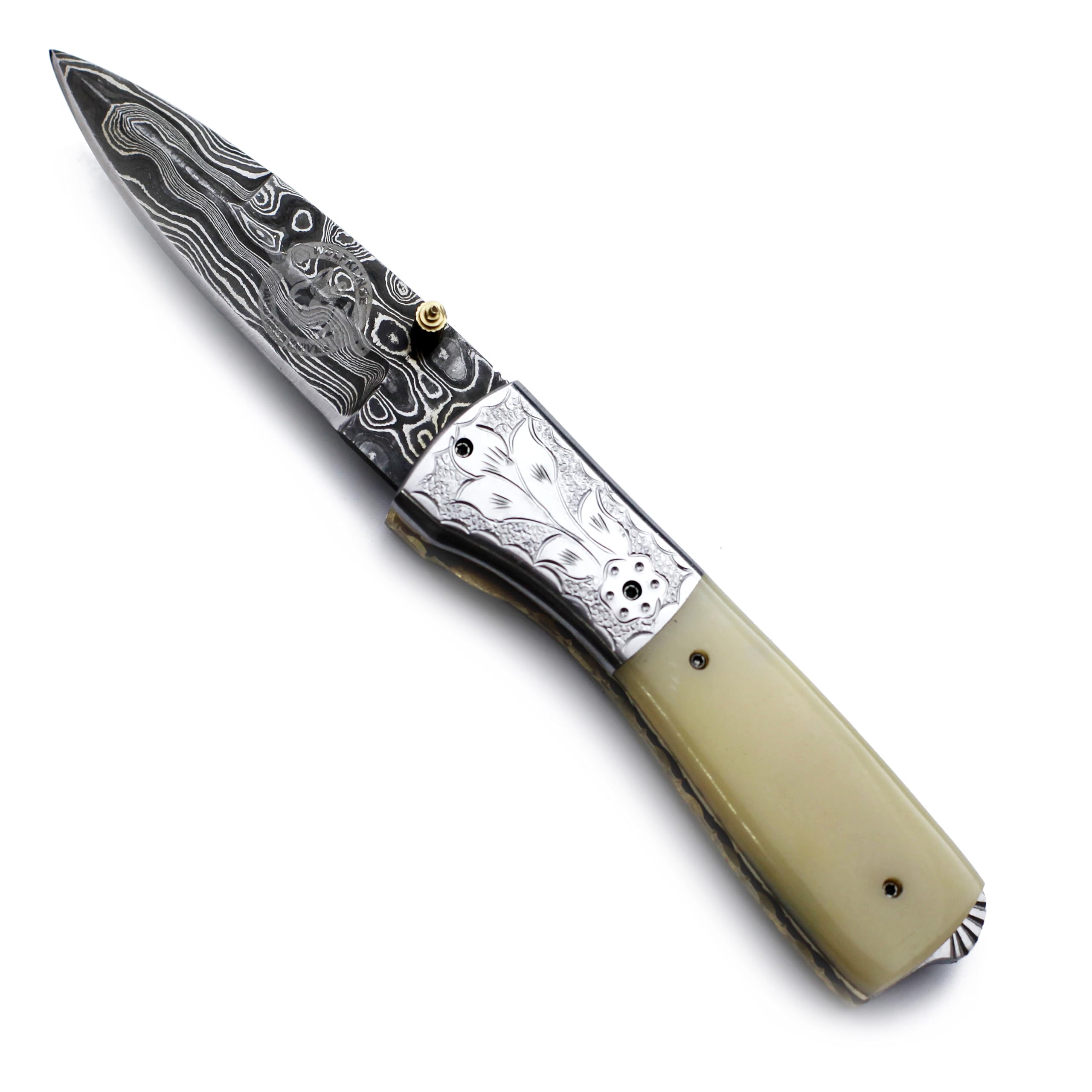 WolfKlinge Damascus Handmade Folding Pocket Knife for Hunting And Graving Bolsters with Camel Bone Handle with CowHide-Leather Sheath WFD-2562