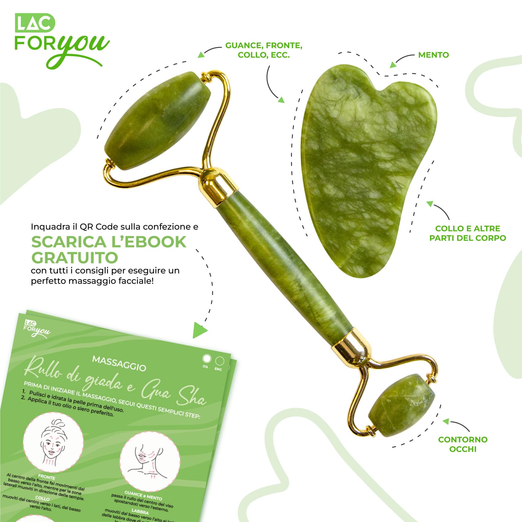 LAC FOR YOU Pietra Gua Sha e Rullo di Giada per il Viso - Roller Massaggio Viso Antirughe - 2 Pz Accessori Skincare Kit