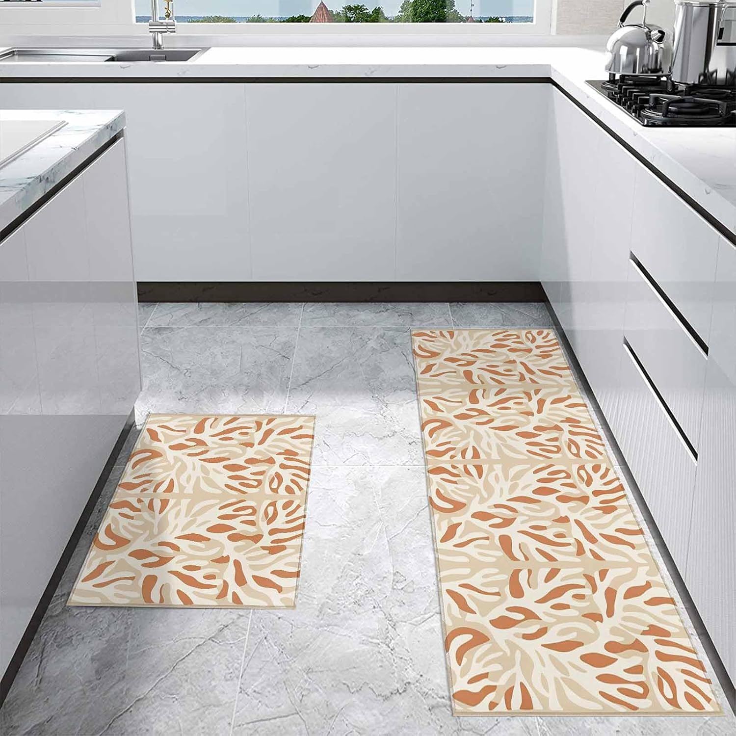 Kitchen Mats for Floor Abstract Ocean Gradient Coral Washable Non Slip Kitchen Rugs 2PCS, Simple Color Block Absorbent Standing Mats for Sink Bathroom Office Living Room 15.7x23.6in+15.7x47.2in