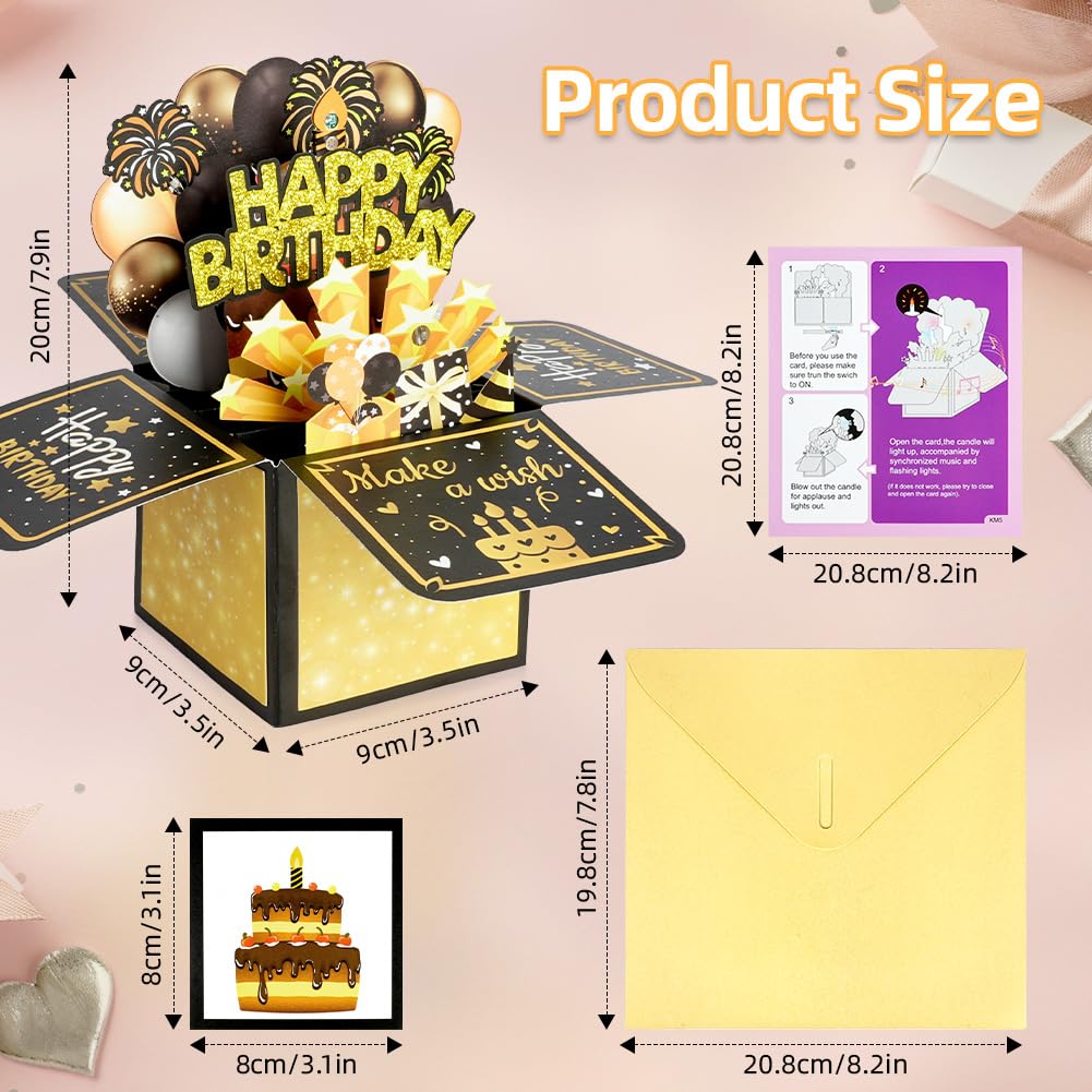Vicloon muzyczna kartka urodzinowa 3D pop-up na urodziny, kartka z świeczką do zdmuchnięcia, muzyką i światłem, kartka z życzeniami z kopertą, prezent dla mamy, babci i córki
