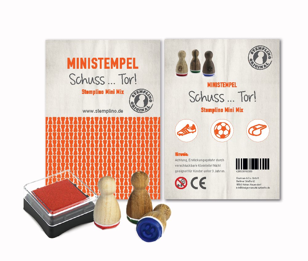 Stemplino® Holzstempel Set 3er Pack "Schuss, Tor!" - 3 Ministempel: Turnschuh Fußball Pfeife | 10 verschiedene Motivmixe zur Auswahl | Mini Geschenke Kinder Mini Spielzeug Stempel Set