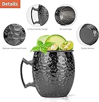 Vista 4 de Tazas Moscow Mule, 16 OZ Taza Mule Negra Martillada con Forro de Acero Inoxidable 304 y Asa de Latón, para Bebidas Frías, Cerveza, Vino, Bares