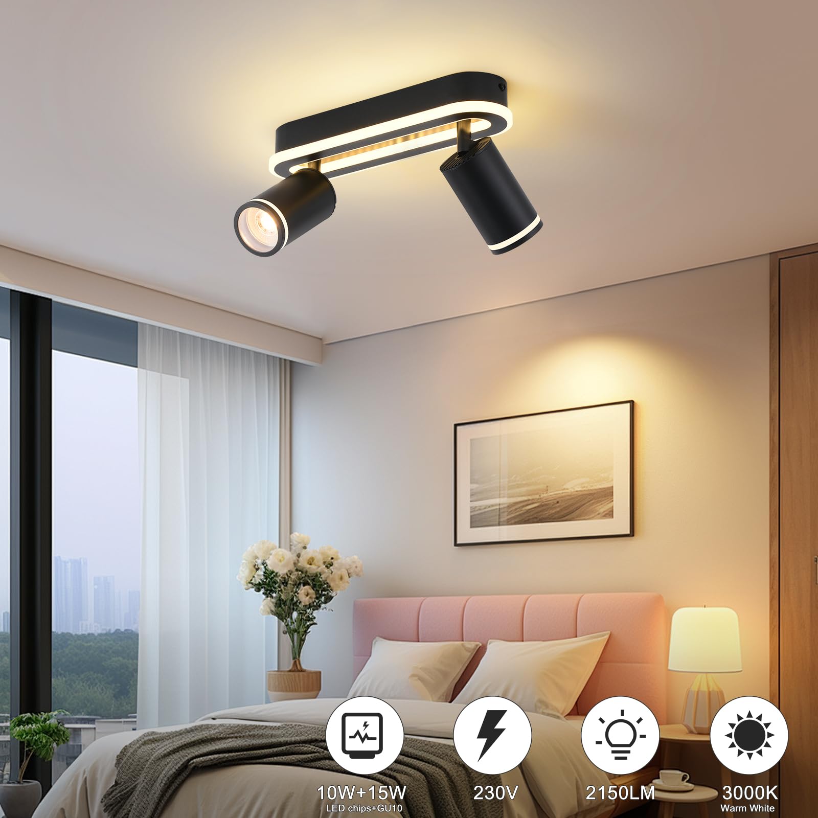 SANSHI Faretti da Soffitto Orientabili Interno LED 2 Luce,Faretti da Parete con Inferiore 15W+2x5W,GU10 Lampadario Faretti,Moderna Plafoniera Faretti Bianco Caldo 3000K per Cameretta Cucina Barra,Nero