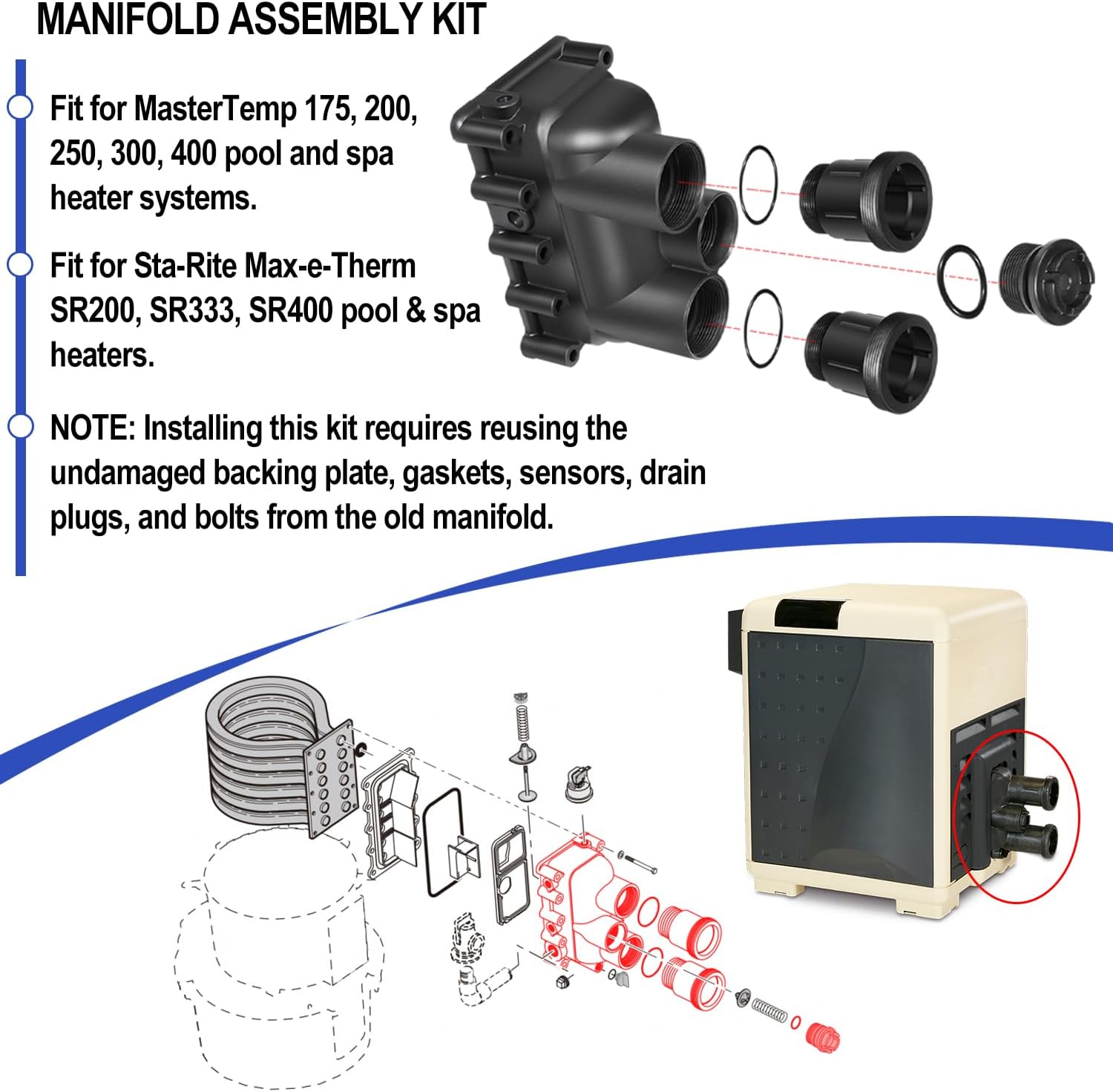 Pool Heater Manifold Replacement Parts Kit Fit For Pentair MasterTemp 175, 200, 250, 300, 400 & Sta-Rite Max-e-Therm SR200, SR333, SR400, Replacement For 77707-0014, 77707-0015, 77707-0016, 77707-0205