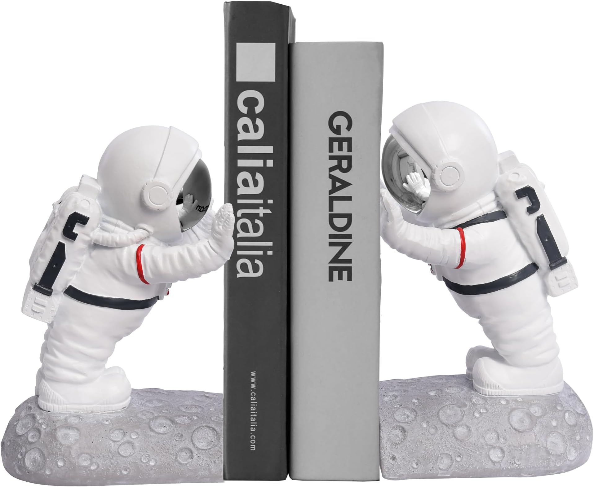 Book End Holder, Astronaut Bookends Outer Space Themed Astronaut Figurine Decorative Book Stoppers to Hold Books Heavy Duty Bookshelf Ends for Kids Rooms Space Decor Bookends (A-Silver Color)