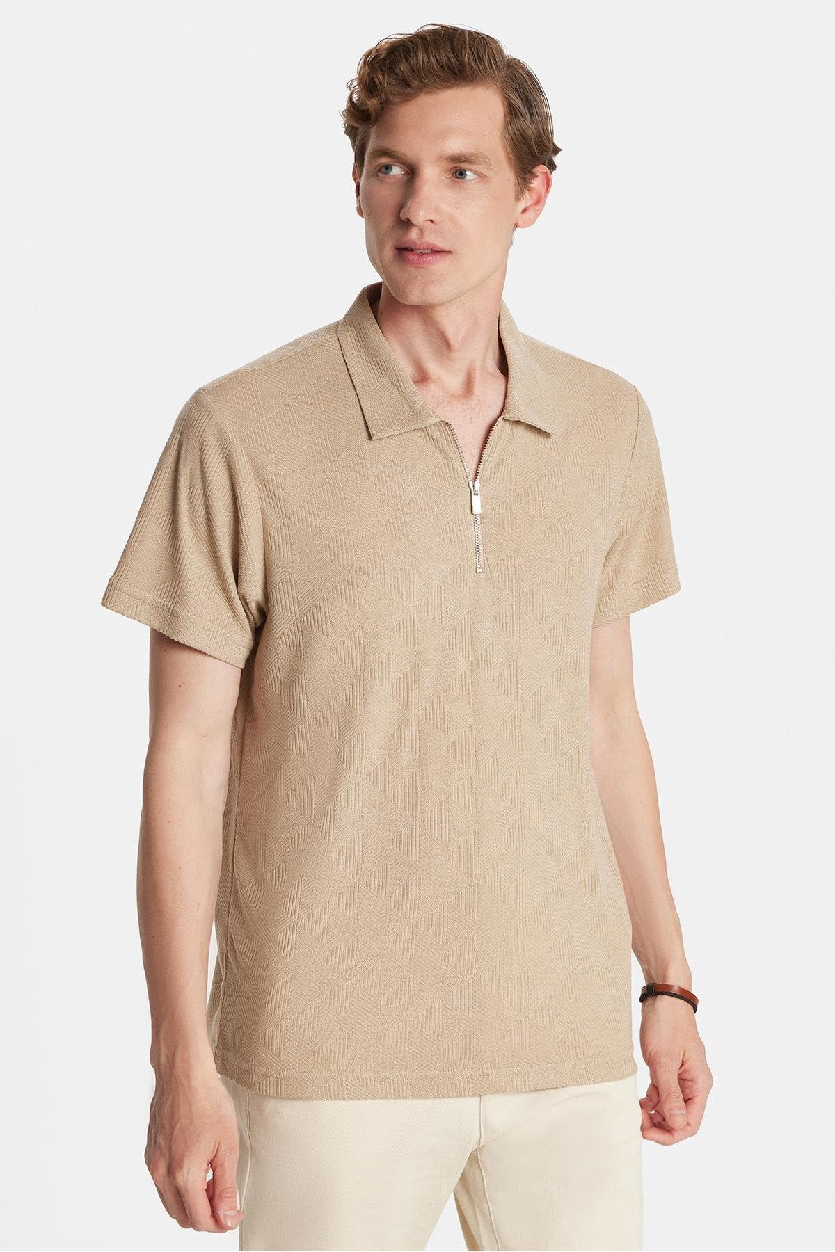 Tudors Erkek Slim Fit Polo Yaka Fermuarlı Viskon Tişört, Bej