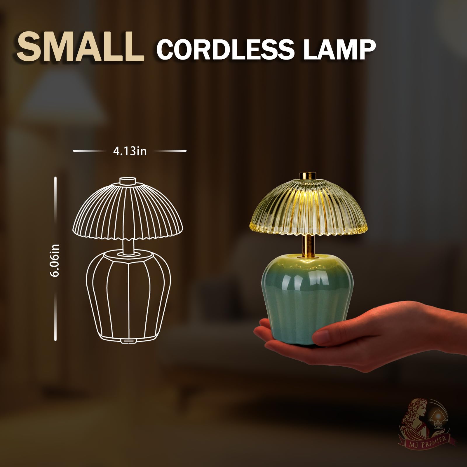 MJ PREMIER Lampada da tavolo ricaricabile, lampada senza fili con timer, mini paralume in vetro, piccole lampade da tavolo, luce LED decorativa per camera da letto, soggiorno, mensola (verde)