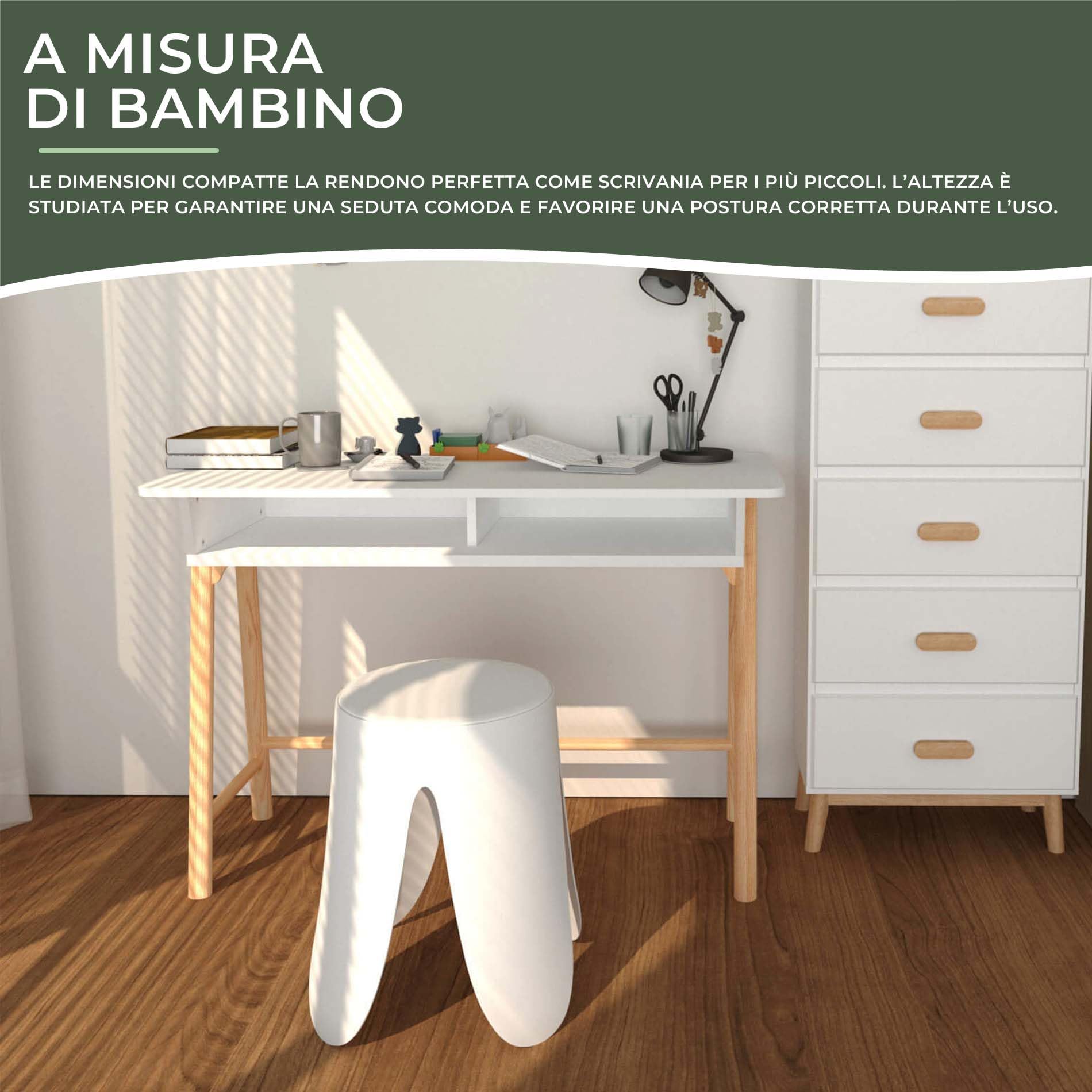 Rebecca Mobili Scrivania per Bambini, Tavolino Montessoriano, Bianco Marrone, MDF Pino, con Vano, Bordi Arrotondati - Misure HxLxP: 70 x 90 x 50 cm - Art. RE7134