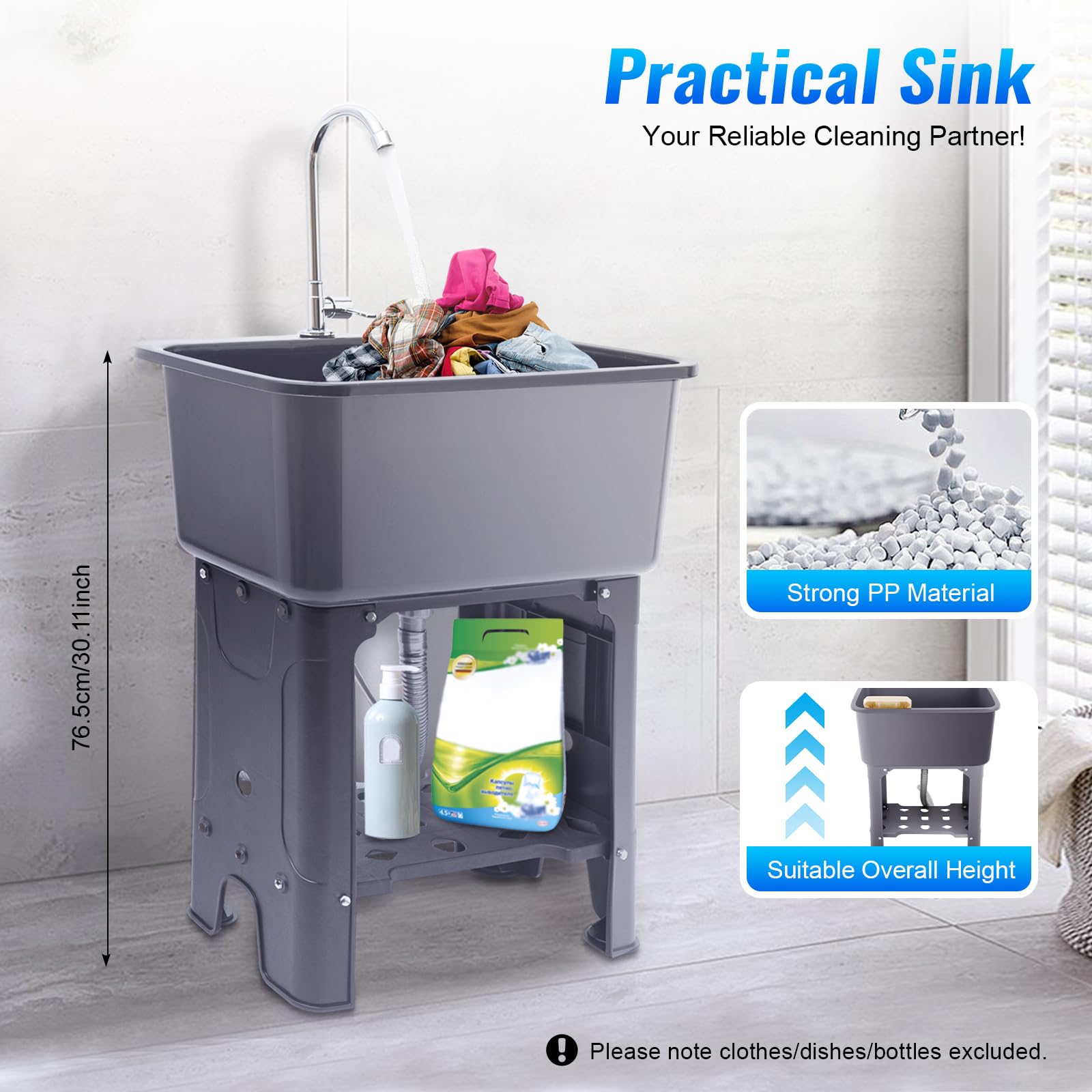 Lavabo - 60 x 40 x 76,5 cm - Pour buanderie commerciale, jardin, garage, cave, atelier, buanderie, lavabo extérieur avec robinet, planche à laver - Gris