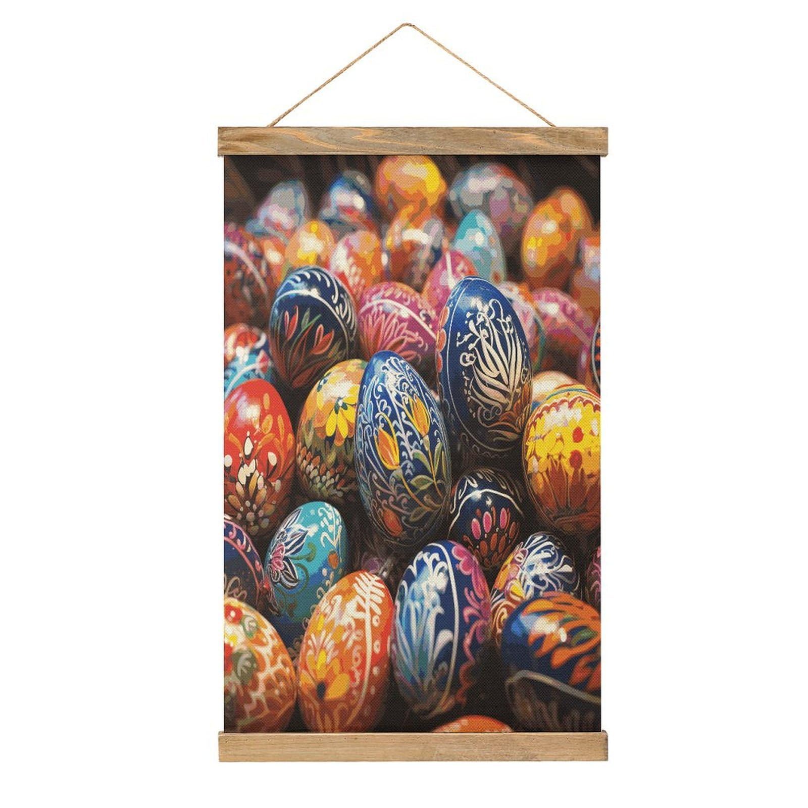 Colorful Hand Painted Easter Eggs Linen Hanging Painting Vintage Poster Hanger Frame Wall Decor Art Painting Printed on Linen Without Fading Living Room Office Bedroom Playroom Apartment Decor
