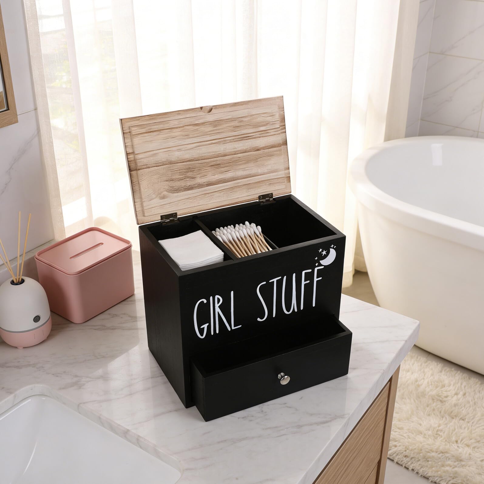 VICASKY Porta Assorbenti con Coperchio Contenitore in Legno per Assorbenti Igienici Accessorio da Bagno Rustico Organizer Sanitario per Scatola Portaoggetti per Prodotti Femminili