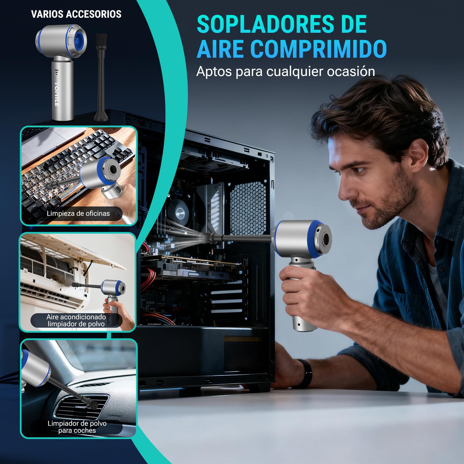 Yomile Aspirador de Mano, 25000Pa/120W Mini Aspirador Recargable, Aspiradoras de Mano con Motor sin Escobillas de 210.000 RPM, Aspirador sin Cable para Coche, para Uso en la Oficina, el hogar