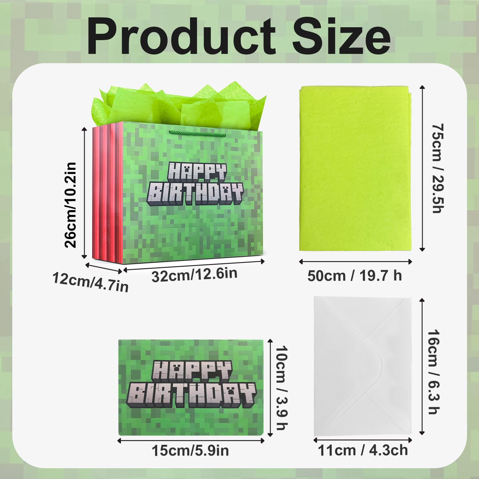 Dvngrt Birthday Goodie Bags,Pixel Party Favor Bags with Tissue Paper Greeting Card Envelope for Birthday Party