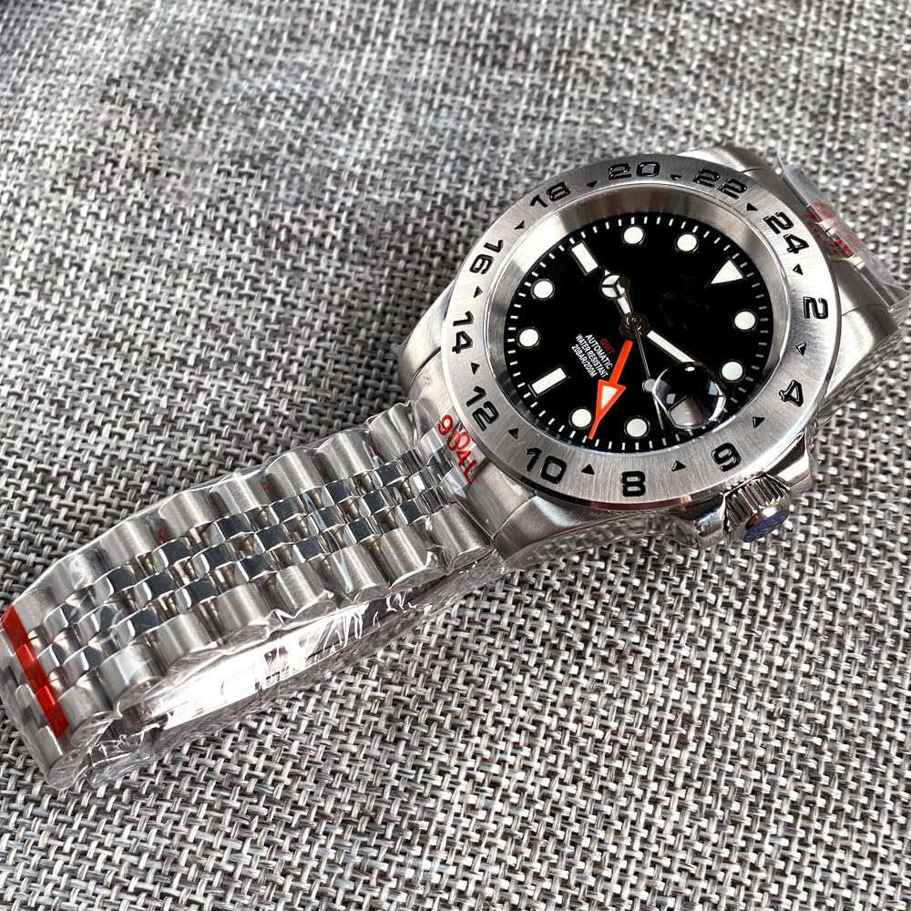 39 mm klassische NH34 Herren-Armbanduhr, automatisch, mechanisch, GMT, schwarzes Zifferblatt, Edelstahl, Saphirglas, wasserdicht