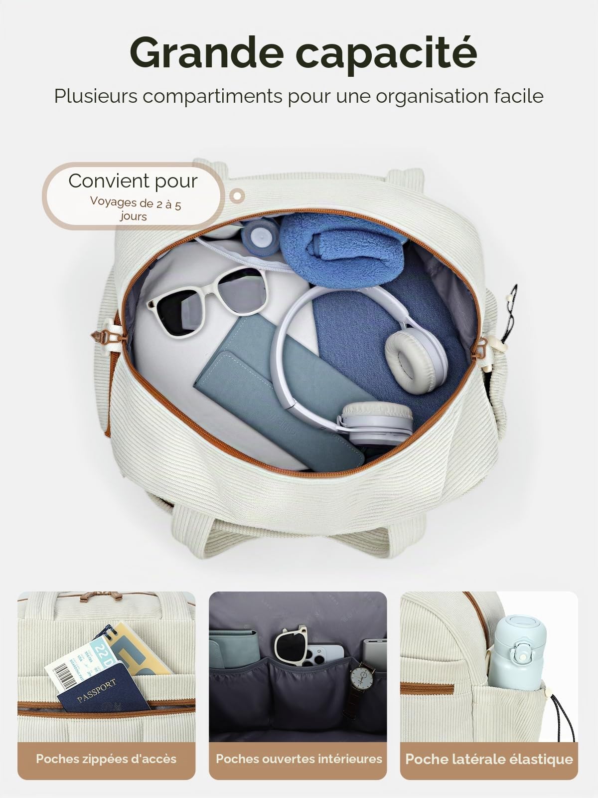 Sac de Voyage Femme en Velours Côtelé, Sac Sport Léger 24 L, Sacs Weekend Bagage à Main avec Trousse Toilette et Sacs Imperméable en PVC Idéal pour l'hôpital Voyages Vacances Sport, Beige