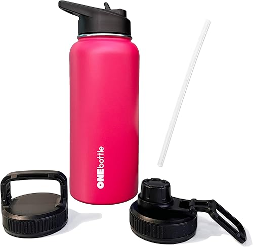 Botella de agua con triple aislamiento, incluye 3 tapas (tapa con pajilla, boquilla, asa de mosquetón), a prueba de fugas, botellas de agua de 32