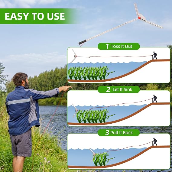 Sancat Lake Weed Cutter ,37 Pond Weed Rake ,Lake rake, River Aquatic Plant Cutting Tool,3 Adjustable Cutting Angles,30ft Throw Rope ,Sharp Stainless Steel Blades ,Shear Cattail, Reed, Algae & Weeds