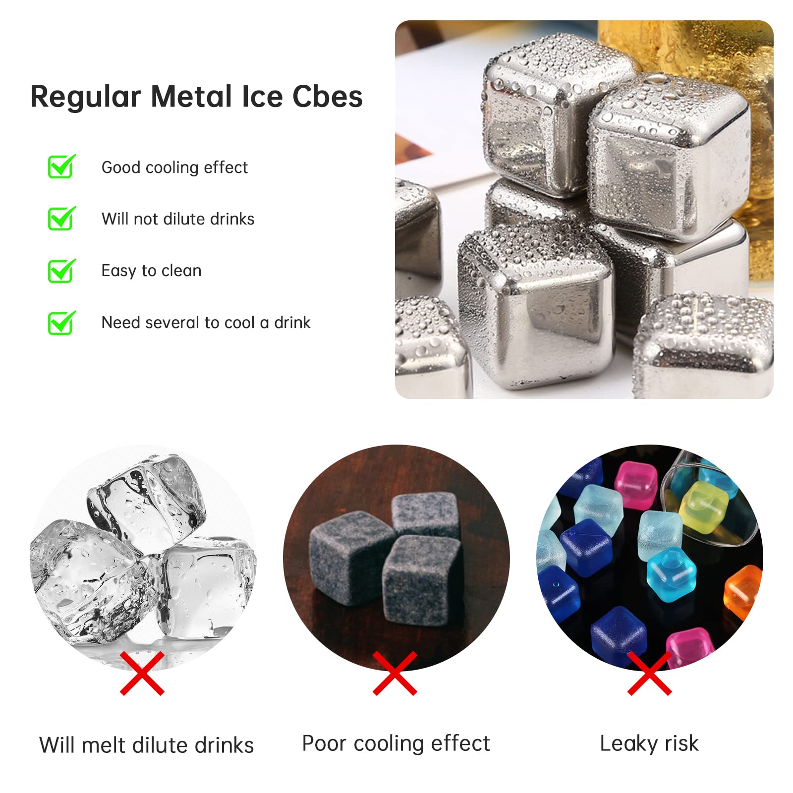 Whiskey Stones Gold Edition - Set regalo di 8 cubetti di ghiaccio in acciaio inox a forma di diamante, rocce refrigeranti riutilizzabili, con pinze in silicone e vassoio portaoggetti