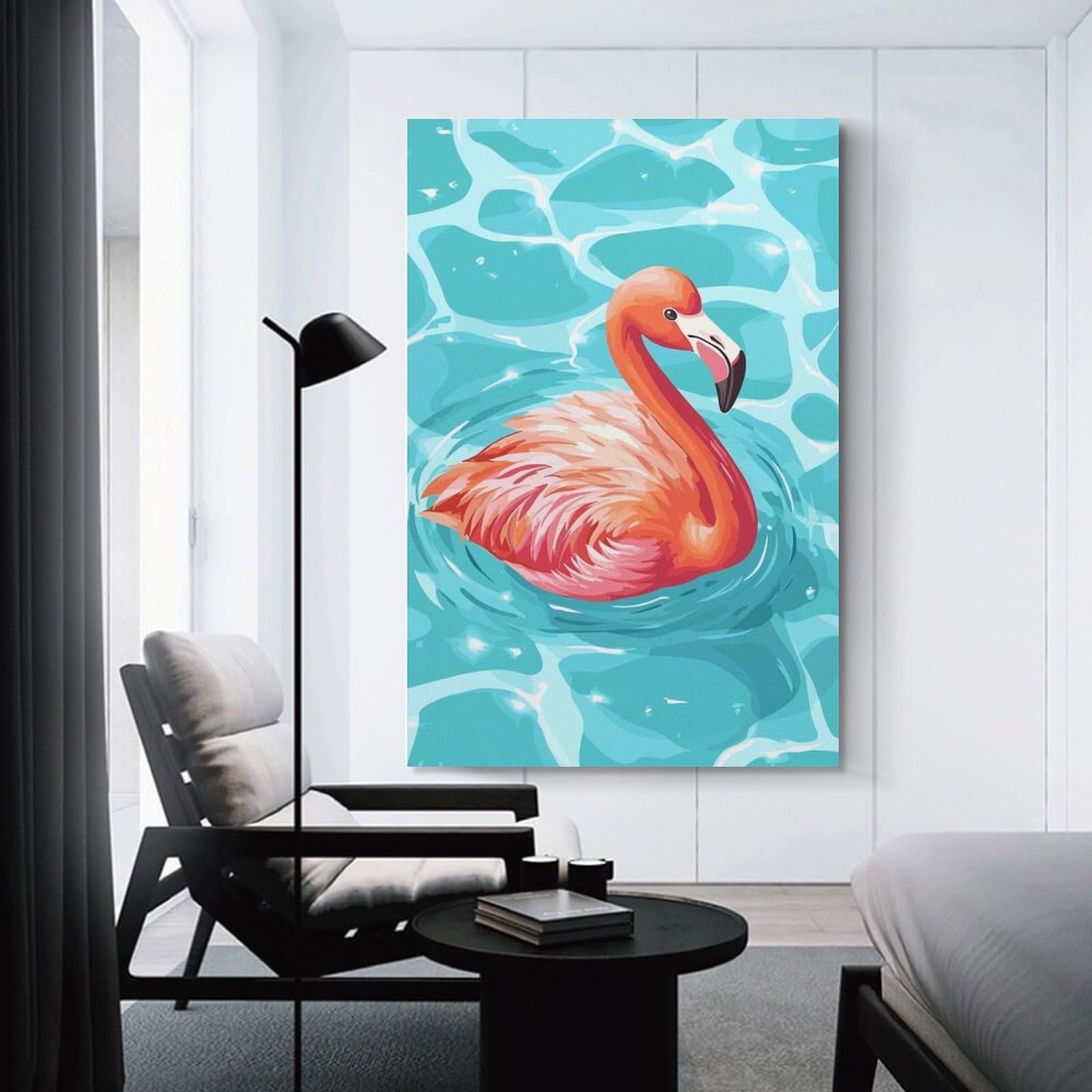 Junmoney Flamingo in Blue Water Illustration Decorative Canvas Print 24x36inch(60x90cm), for Apartment Walls, Studios Or Work Areas, Home Artwork for Modern Interiors