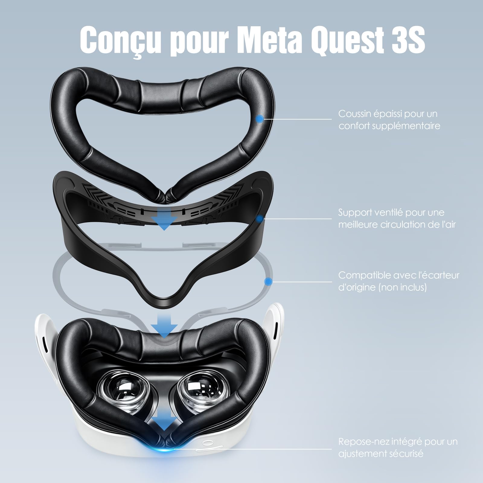SUPERUS Interface Faciale Face Cover Pad pour Quest 3S, Coussin en Cuir PU Souple Compatible avec Meta/Oculus Quest 3S Accessoires, Design Anti-Fuite de Lumière Entièrement Intégré (Non pour Quest 3)