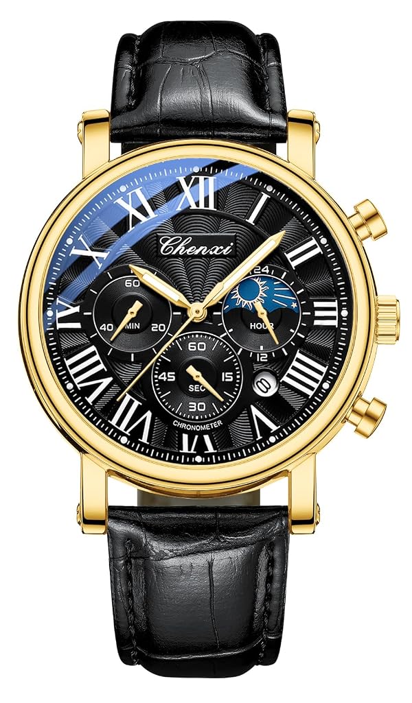 FANMIS Men's Classic Multifunctional Military Sports Analog Watch Business Dress Waterproof Luminous Chronograph Starry Sky Moon Phase Leather Wristwatch (X Gold Black) by FANMIS - Used condition - US$24.33